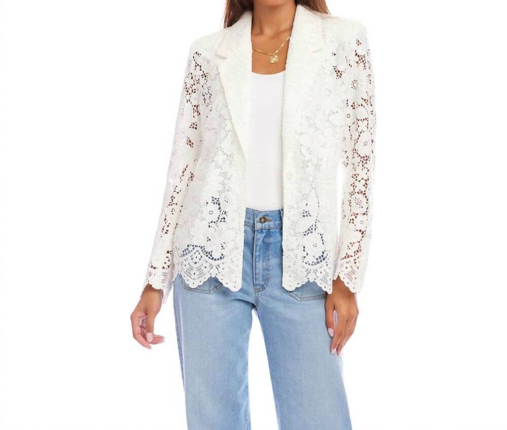 NEW KAREN KANE floral lace scallop edge blazer in off white
